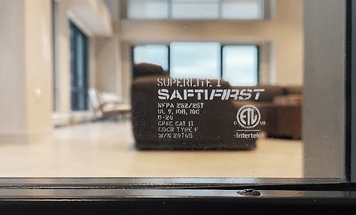 SuperLite I label in fire rated glass